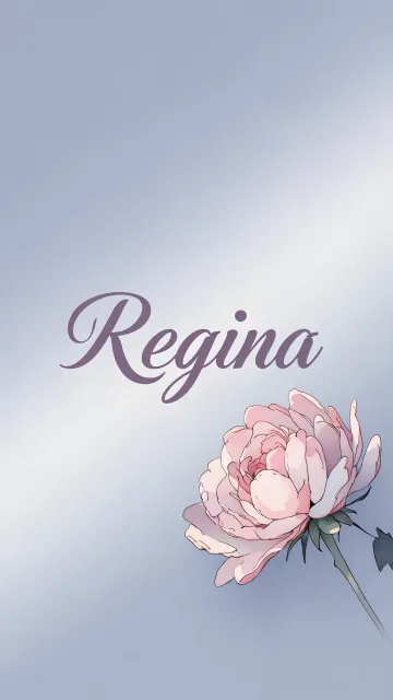 Regina diseño 5 - Nombre en elegante tipografía cursiva caligráfica en tono lavanda, sobre fondo acuarela de cielo nublado en tonos pastel (azul, blanco, lavanda), decorado con rosa en acuarela de pétalos rosa pálido, blanco crema y lilas suaves con hojas en gris-verde.