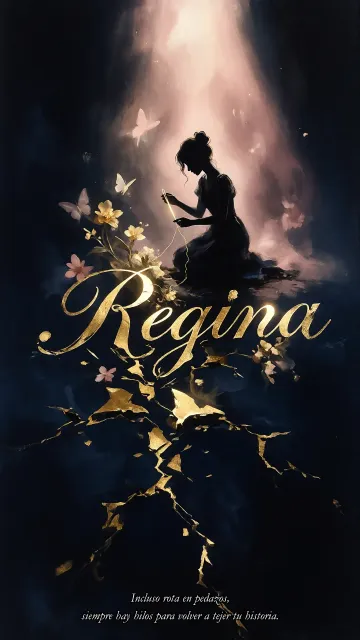 Regina diseño 6 - Composición de ilustración semirrealista cinematográfica con silueta femenina tejiendo un hilo dorado de luz sobre un suelo oscuro fracturado al estilo Kintsugi, donde el nombre resalta en un prominente guión caligráfico dorado que emerge de las grietas, rodeado de flores blancas, mariposas y un fondo degradado de azules profundos iluminado por una luz celestial en tonos melocotón y crema, con una frase de aliento en tipografía blanca en la parte inferior.