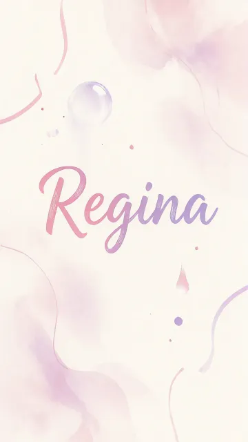 Regina diseño 7 - Diseño abstracto en acuarela sobre fondo crema, con manchas fluidas y etéreas en rosa pastel y lila, líneas curvas que aportan movimiento, pequeñas gotas salpicadas cayendo verticalmente y una burbuja translúcida en la parte superior izquierda. El nombre resalta al centro con una tipografía cursiva amplia y elegante en degradado rosa a morado.
