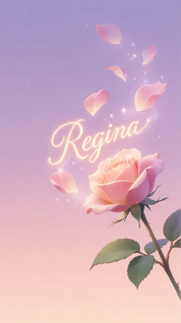 Regina diseño 8 - Fondo de Pantalla con degradado suave que transiciona de lila en la parte superior a melocotón y rosa pastel en la base, destacando una rosa rosada hiperrealista con tallo y hojas verdes. El nombre brilla en tipografía cursiva con efecto neón cálido, adornado con pétalos cayendo y chispas de luz mágica.
