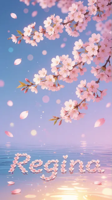 Regina diseño 9 - Composición serena y onírica con ramas de cerezo en flor (sakura) en la parte superior contra un cielo en degradado de azul suave y lila. Pétalos de color rosa pastel flotan delicadamente en el aire cayendo hacia una superficie de agua tranquila y cristalina. En el centro inferior, el nombre está formado por pétalos de flores con un sutil efecto de relieve 3D y tipografía floral, reflejándose sobre el agua que está iluminada por un cálido destello dorado de luz solar en la esquina inferior derecha.