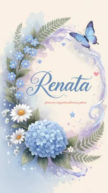 Renata diseño 1 - Hortensias azules, flores pequeñas y acuarela suave con mariposas azules y brillo etéreo