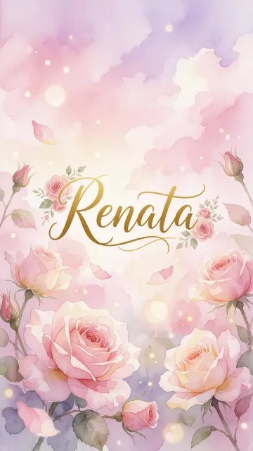 Renata diseño 10 - Diseño estilo acuarela con un fondo etéreo y texturizado en nubes de tonos rosa pastel y lila suave. Presenta composiciones de rosas abiertas y capullos en los bordes inferior y superior, con pétalos cayendo delicadamente. Incorpora destellos de luz cálida (efecto bokeh) y, en el centro, resalta una tipografía elegante, cursiva y fluida en color dorado.