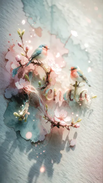 Renata diseño 11 - Un delicado diseño de estilo acuarela digital que combina una tipografía de caligrafía personalizada para el nombre en tonos dorados y rosados suaves, adornada con pequeñas hojas y brotes. Un pajarito azul y naranja vibrante está posado en una de las letras. Todo está rodeado por un marco circular de ramas de cerezo en flor con delicadas flores rosadas y blancas. El fondo es un lavado de acuarela difuminado en tonos pastel suaves de azul cerceta, rosa rubor y melocotón sobre una textura de papel rugoso, con destellos luminosos y motas de luz bokeh flotando alrededor, creando una atmósfera mágica y soñadora. Las sombras suaves proyectadas añaden profundidad.