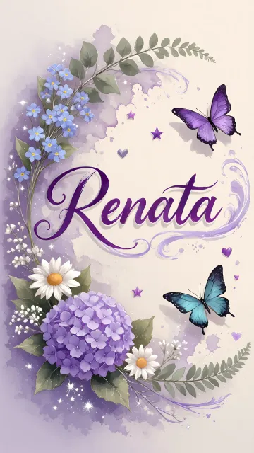 Renata diseño 2 - Diseño elegante de hortensias en tonos lila y morados suaves, con volutas estilizadas y una mariposa mística que aporta un toque etéreo y mágico.