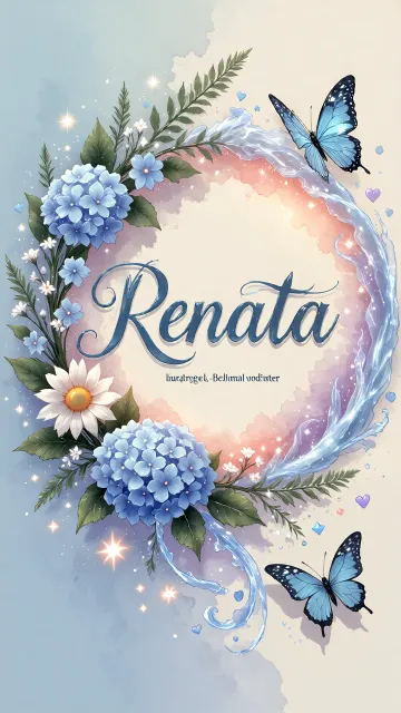 Renata diseño 4 - Composición magica con nombre en letra cursiva azul, rodeado de hortensias azules, margaritas blancas y delicadas flores silvestres, enmarcado por suaves remolinos de agua, mariposas azules y destellos estelares sobre un fondo etéreo y romántico.