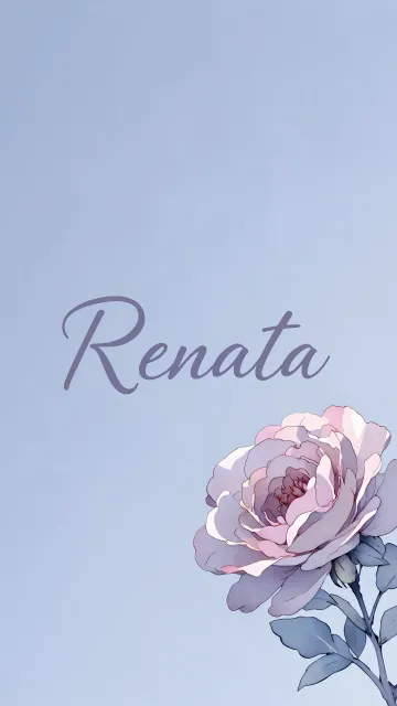 Renata diseño 5 - Nombre en elegante tipografía cursiva caligráfica en tono lavanda, sobre fondo acuarela de cielo nublado en tonos pastel (azul, blanco, lavanda), decorado con rosa en acuarela de pétalos rosa pálido, blanco crema y lilas suaves con hojas en gris-verde.