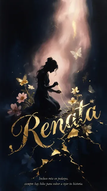 Renata diseño 6 - Composición de ilustración semirrealista cinematográfica con silueta femenina tejiendo un hilo dorado de luz sobre un suelo oscuro fracturado al estilo Kintsugi, donde el nombre resalta en un prominente guión caligráfico dorado que emerge de las grietas, rodeado de flores blancas, mariposas y un fondo degradado de azules profundos iluminado por una luz celestial en tonos melocotón y crema, con una frase de aliento en tipografía blanca en la parte inferior.