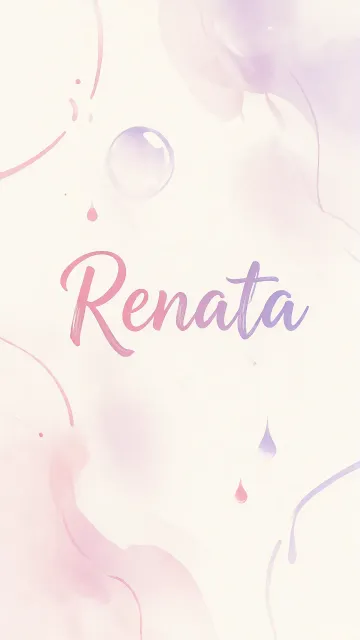 Renata diseño 7 - Diseño abstracto en acuarela sobre fondo crema, con manchas fluidas y etéreas en rosa pastel y lila, líneas curvas que aportan movimiento, pequeñas gotas salpicadas cayendo verticalmente y una burbuja translúcida en la parte superior izquierda. El nombre resalta al centro con una tipografía cursiva amplia y elegante en degradado rosa a morado.