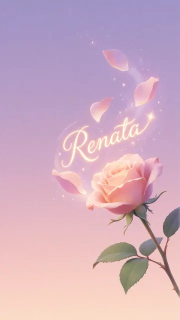 Renata diseño 8 - Fondo de Pantalla con degradado suave que transiciona de lila en la parte superior a melocotón y rosa pastel en la base, destacando una rosa rosada hiperrealista con tallo y hojas verdes. El nombre brilla en tipografía cursiva con efecto neón cálido, adornado con pétalos cayendo y chispas de luz mágica.