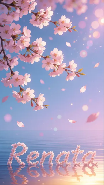 Renata diseño 9 - Composición serena y onírica con ramas de cerezo en flor (sakura) en la parte superior contra un cielo en degradado de azul suave y lila. Pétalos de color rosa pastel flotan delicadamente en el aire cayendo hacia una superficie de agua tranquila y cristalina. En el centro inferior, el nombre está formado por pétalos de flores con un sutil efecto de relieve 3D y tipografía floral, reflejándose sobre el agua que está iluminada por un cálido destello dorado de luz solar en la esquina inferior derecha.