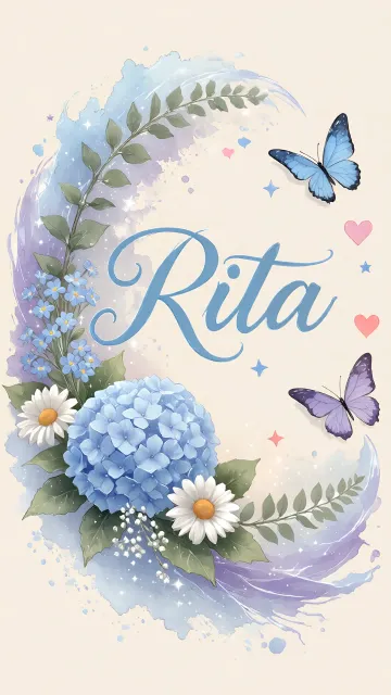Rita diseño 1 - Hortensias azules, flores pequeñas y acuarela suave con mariposas azules y brillo etéreo