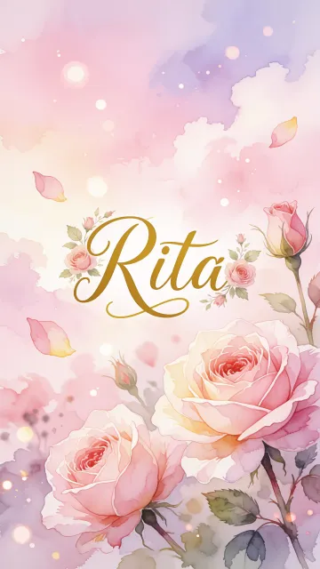 Rita diseño 10 - Diseño estilo acuarela con un fondo etéreo y texturizado en nubes de tonos rosa pastel y lila suave. Presenta composiciones de rosas abiertas y capullos en los bordes inferior y superior, con pétalos cayendo delicadamente. Incorpora destellos de luz cálida (efecto bokeh) y, en el centro, resalta una tipografía elegante, cursiva y fluida en color dorado.