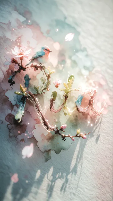 Rita diseño 11 - Un delicado diseño de estilo acuarela digital que combina una tipografía de caligrafía personalizada para el nombre en tonos dorados y rosados suaves, adornada con pequeñas hojas y brotes. Un pajarito azul y naranja vibrante está posado en una de las letras. Todo está rodeado por un marco circular de ramas de cerezo en flor con delicadas flores rosadas y blancas. El fondo es un lavado de acuarela difuminado en tonos pastel suaves de azul cerceta, rosa rubor y melocotón sobre una textura de papel rugoso, con destellos luminosos y motas de luz bokeh flotando alrededor, creando una atmósfera mágica y soñadora. Las sombras suaves proyectadas añaden profundidad.