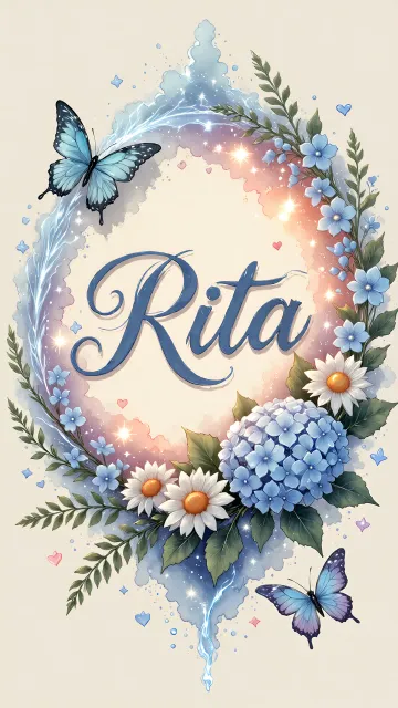Rita diseño 4 - Composición magica con nombre en letra cursiva azul, rodeado de hortensias azules, margaritas blancas y delicadas flores silvestres, enmarcado por suaves remolinos de agua, mariposas azules y destellos estelares sobre un fondo etéreo y romántico.
