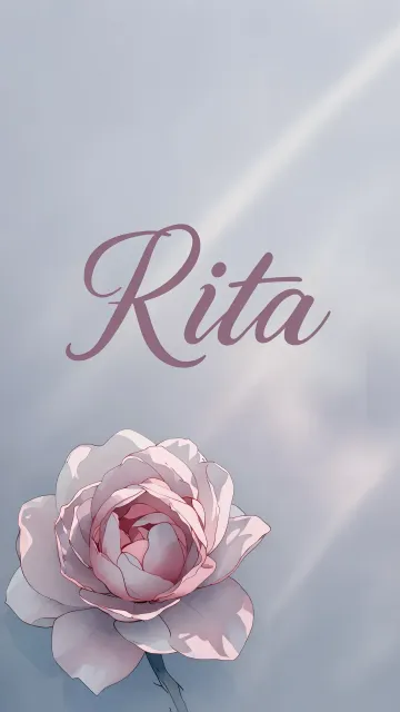 Rita diseño 5 - Nombre en elegante tipografía cursiva caligráfica en tono lavanda, sobre fondo acuarela de cielo nublado en tonos pastel (azul, blanco, lavanda), decorado con rosa en acuarela de pétalos rosa pálido, blanco crema y lilas suaves con hojas en gris-verde.