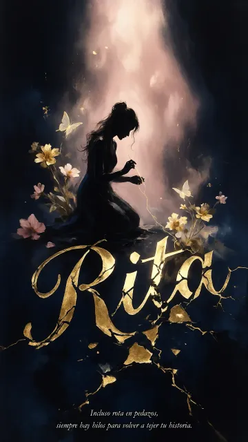 Rita diseño 6 - Composición de ilustración semirrealista cinematográfica con silueta femenina tejiendo un hilo dorado de luz sobre un suelo oscuro fracturado al estilo Kintsugi, donde el nombre resalta en un prominente guión caligráfico dorado que emerge de las grietas, rodeado de flores blancas, mariposas y un fondo degradado de azules profundos iluminado por una luz celestial en tonos melocotón y crema, con una frase de aliento en tipografía blanca en la parte inferior.