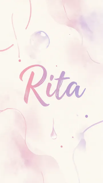 Rita diseño 7 - Diseño abstracto en acuarela sobre fondo crema, con manchas fluidas y etéreas en rosa pastel y lila, líneas curvas que aportan movimiento, pequeñas gotas salpicadas cayendo verticalmente y una burbuja translúcida en la parte superior izquierda. El nombre resalta al centro con una tipografía cursiva amplia y elegante en degradado rosa a morado.