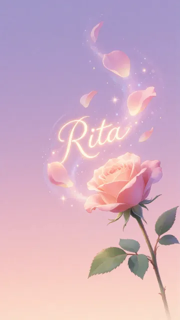 Rita diseño 8 - Fondo de Pantalla con degradado suave que transiciona de lila en la parte superior a melocotón y rosa pastel en la base, destacando una rosa rosada hiperrealista con tallo y hojas verdes. El nombre brilla en tipografía cursiva con efecto neón cálido, adornado con pétalos cayendo y chispas de luz mágica.