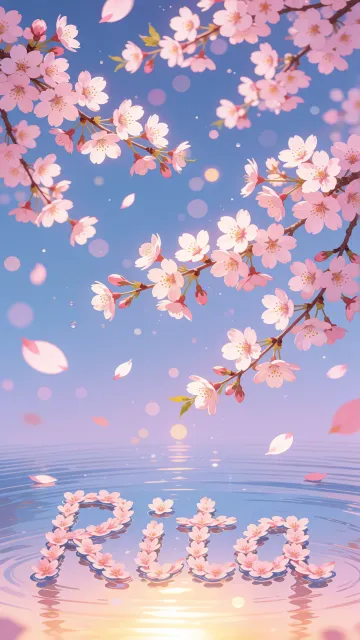 Rita diseño 9 - Composición serena y onírica con ramas de cerezo en flor (sakura) en la parte superior contra un cielo en degradado de azul suave y lila. Pétalos de color rosa pastel flotan delicadamente en el aire cayendo hacia una superficie de agua tranquila y cristalina. En el centro inferior, el nombre está formado por pétalos de flores con un sutil efecto de relieve 3D y tipografía floral, reflejándose sobre el agua que está iluminada por un cálido destello dorado de luz solar en la esquina inferior derecha.