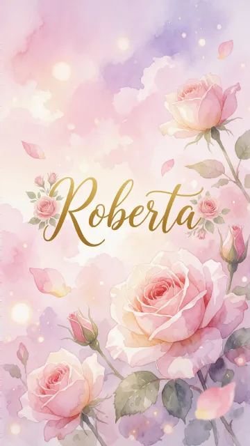 Roberta diseño 10 - Diseño estilo acuarela con un fondo etéreo y texturizado en nubes de tonos rosa pastel y lila suave. Presenta composiciones de rosas abiertas y capullos en los bordes inferior y superior, con pétalos cayendo delicadamente. Incorpora destellos de luz cálida (efecto bokeh) y, en el centro, resalta una tipografía elegante, cursiva y fluida en color dorado.