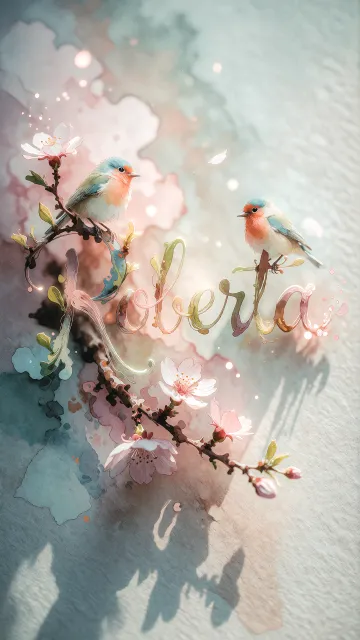 Roberta diseño 11 - Un delicado diseño de estilo acuarela digital que combina una tipografía de caligrafía personalizada para el nombre en tonos dorados y rosados suaves, adornada con pequeñas hojas y brotes. Un pajarito azul y naranja vibrante está posado en una de las letras. Todo está rodeado por un marco circular de ramas de cerezo en flor con delicadas flores rosadas y blancas. El fondo es un lavado de acuarela difuminado en tonos pastel suaves de azul cerceta, rosa rubor y melocotón sobre una textura de papel rugoso, con destellos luminosos y motas de luz bokeh flotando alrededor, creando una atmósfera mágica y soñadora. Las sombras suaves proyectadas añaden profundidad.