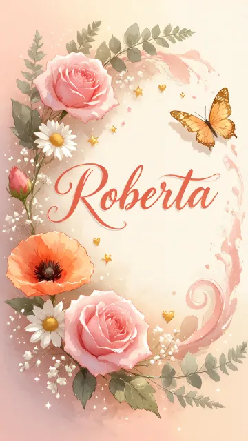Roberta diseño 3 - Elegante composición de rosas rosadas y amapolas naranjas con mariposas doradas brillantes sobre un fondo cálido, romántico y mágico.