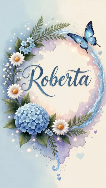 Roberta diseño 4 - Composición magica con nombre en letra cursiva azul, rodeado de hortensias azules, margaritas blancas y delicadas flores silvestres, enmarcado por suaves remolinos de agua, mariposas azules y destellos estelares sobre un fondo etéreo y romántico.