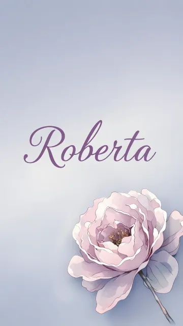 Roberta diseño 5 - Nombre en elegante tipografía cursiva caligráfica en tono lavanda, sobre fondo acuarela de cielo nublado en tonos pastel (azul, blanco, lavanda), decorado con rosa en acuarela de pétalos rosa pálido, blanco crema y lilas suaves con hojas en gris-verde.