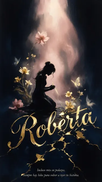 Roberta diseño 6 - Composición de ilustración semirrealista cinematográfica con silueta femenina tejiendo un hilo dorado de luz sobre un suelo oscuro fracturado al estilo Kintsugi, donde el nombre resalta en un prominente guión caligráfico dorado que emerge de las grietas, rodeado de flores blancas, mariposas y un fondo degradado de azules profundos iluminado por una luz celestial en tonos melocotón y crema, con una frase de aliento en tipografía blanca en la parte inferior.