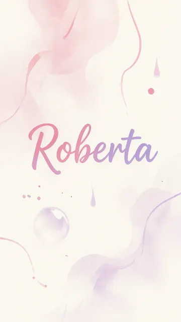 Roberta diseño 7 - Diseño abstracto en acuarela sobre fondo crema, con manchas fluidas y etéreas en rosa pastel y lila, líneas curvas que aportan movimiento, pequeñas gotas salpicadas cayendo verticalmente y una burbuja translúcida en la parte superior izquierda. El nombre resalta al centro con una tipografía cursiva amplia y elegante en degradado rosa a morado.