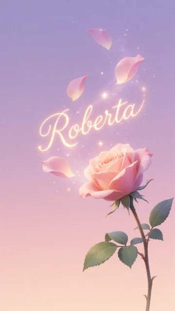 Roberta diseño 8 - Fondo de Pantalla con degradado suave que transiciona de lila en la parte superior a melocotón y rosa pastel en la base, destacando una rosa rosada hiperrealista con tallo y hojas verdes. El nombre brilla en tipografía cursiva con efecto neón cálido, adornado con pétalos cayendo y chispas de luz mágica.