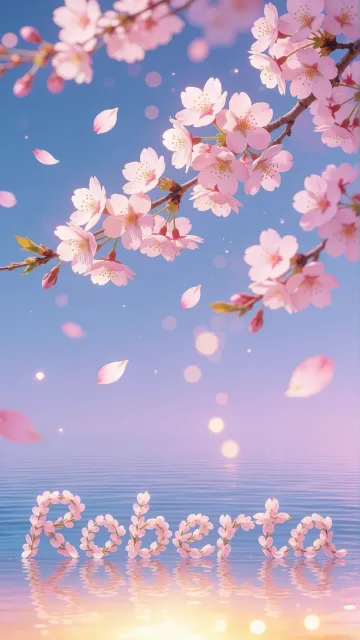Roberta diseño 9 - Composición serena y onírica con ramas de cerezo en flor (sakura) en la parte superior contra un cielo en degradado de azul suave y lila. Pétalos de color rosa pastel flotan delicadamente en el aire cayendo hacia una superficie de agua tranquila y cristalina. En el centro inferior, el nombre está formado por pétalos de flores con un sutil efecto de relieve 3D y tipografía floral, reflejándose sobre el agua que está iluminada por un cálido destello dorado de luz solar en la esquina inferior derecha.