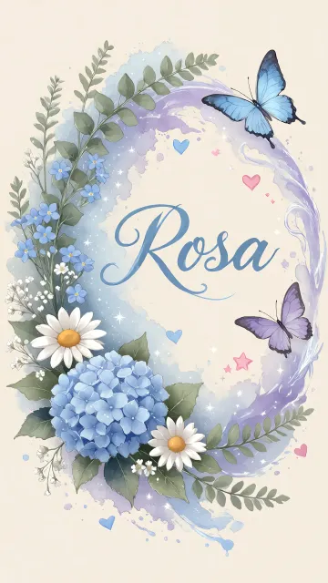 Rosa diseño 1 - Hortensias azules, flores pequeñas y acuarela suave con mariposas azules y brillo etéreo