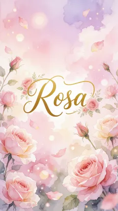 Rosa - Diseño estilo acuarela con un fondo etéreo y texturizado en nubes de tonos rosa pastel y lila suave. Presenta composiciones de rosas abiertas y capullos en los bordes inferior y superior, con pétalos cayendo delicadamente. Incorpora destellos de luz cálida (efecto bokeh) y, en el centro, resalta una tipografía elegante, cursiva y fluida en color dorado.
