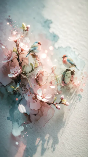 Rosa diseño 11 - Un delicado diseño de estilo acuarela digital que combina una tipografía de caligrafía personalizada para el nombre en tonos dorados y rosados suaves, adornada con pequeñas hojas y brotes. Un pajarito azul y naranja vibrante está posado en una de las letras. Todo está rodeado por un marco circular de ramas de cerezo en flor con delicadas flores rosadas y blancas. El fondo es un lavado de acuarela difuminado en tonos pastel suaves de azul cerceta, rosa rubor y melocotón sobre una textura de papel rugoso, con destellos luminosos y motas de luz bokeh flotando alrededor, creando una atmósfera mágica y soñadora. Las sombras suaves proyectadas añaden profundidad.