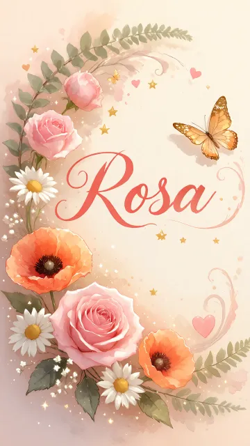 Rosa diseño 3 - Elegante composición de rosas rosadas y amapolas naranjas con mariposas doradas brillantes sobre un fondo cálido, romántico y mágico.