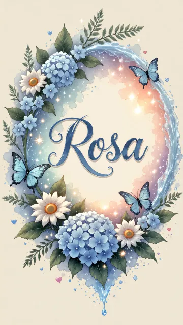 Rosa diseño 4 - Composición magica con nombre en letra cursiva azul, rodeado de hortensias azules, margaritas blancas y delicadas flores silvestres, enmarcado por suaves remolinos de agua, mariposas azules y destellos estelares sobre un fondo etéreo y romántico.