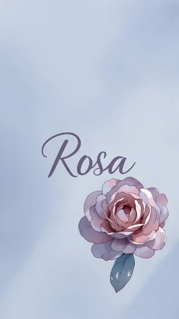 Rosa diseño 5 - Nombre en elegante tipografía cursiva caligráfica en tono lavanda, sobre fondo acuarela de cielo nublado en tonos pastel (azul, blanco, lavanda), decorado con rosa en acuarela de pétalos rosa pálido, blanco crema y lilas suaves con hojas en gris-verde.