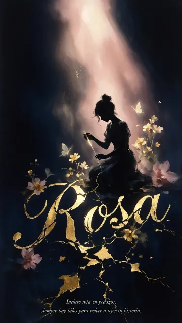 Rosa diseño 6 - Composición de ilustración semirrealista cinematográfica con silueta femenina tejiendo un hilo dorado de luz sobre un suelo oscuro fracturado al estilo Kintsugi, donde el nombre resalta en un prominente guión caligráfico dorado que emerge de las grietas, rodeado de flores blancas, mariposas y un fondo degradado de azules profundos iluminado por una luz celestial en tonos melocotón y crema, con una frase de aliento en tipografía blanca en la parte inferior.