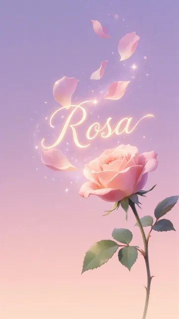 Rosa diseño 8 - Fondo de Pantalla con degradado suave que transiciona de lila en la parte superior a melocotón y rosa pastel en la base, destacando una rosa rosada hiperrealista con tallo y hojas verdes. El nombre brilla en tipografía cursiva con efecto neón cálido, adornado con pétalos cayendo y chispas de luz mágica.
