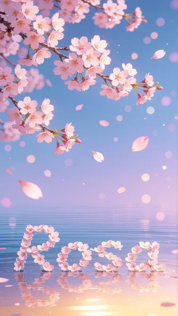 Rosa diseño 9 - Composición serena y onírica con ramas de cerezo en flor (sakura) en la parte superior contra un cielo en degradado de azul suave y lila. Pétalos de color rosa pastel flotan delicadamente en el aire cayendo hacia una superficie de agua tranquila y cristalina. En el centro inferior, el nombre está formado por pétalos de flores con un sutil efecto de relieve 3D y tipografía floral, reflejándose sobre el agua que está iluminada por un cálido destello dorado de luz solar en la esquina inferior derecha.