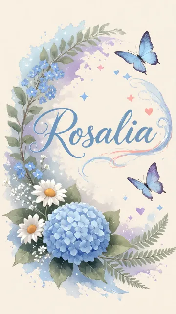 Rosalia diseño 1 - Hortensias azules, flores pequeñas y acuarela suave con mariposas azules y brillo etéreo