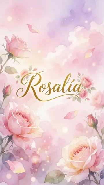Rosalia diseño 10 - Diseño estilo acuarela con un fondo etéreo y texturizado en nubes de tonos rosa pastel y lila suave. Presenta composiciones de rosas abiertas y capullos en los bordes inferior y superior, con pétalos cayendo delicadamente. Incorpora destellos de luz cálida (efecto bokeh) y, en el centro, resalta una tipografía elegante, cursiva y fluida en color dorado.