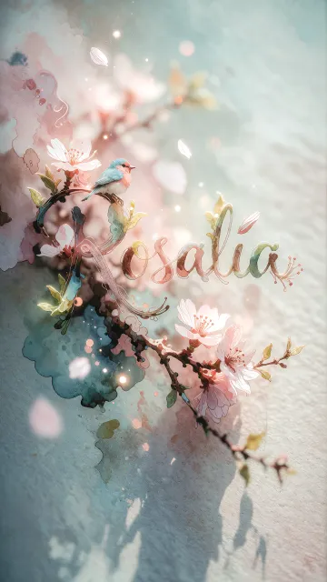 Rosalia diseño 11 - Un delicado diseño de estilo acuarela digital que combina una tipografía de caligrafía personalizada para el nombre en tonos dorados y rosados suaves, adornada con pequeñas hojas y brotes. Un pajarito azul y naranja vibrante está posado en una de las letras. Todo está rodeado por un marco circular de ramas de cerezo en flor con delicadas flores rosadas y blancas. El fondo es un lavado de acuarela difuminado en tonos pastel suaves de azul cerceta, rosa rubor y melocotón sobre una textura de papel rugoso, con destellos luminosos y motas de luz bokeh flotando alrededor, creando una atmósfera mágica y soñadora. Las sombras suaves proyectadas añaden profundidad.