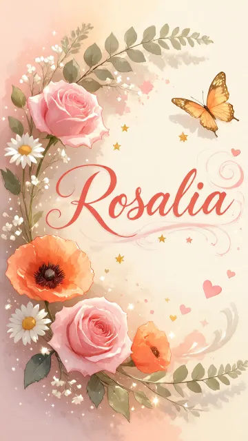 Rosalia diseño 3 - Elegante composición de rosas rosadas y amapolas naranjas con mariposas doradas brillantes sobre un fondo cálido, romántico y mágico.