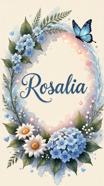 Rosalia diseño 4 - Composición magica con nombre en letra cursiva azul, rodeado de hortensias azules, margaritas blancas y delicadas flores silvestres, enmarcado por suaves remolinos de agua, mariposas azules y destellos estelares sobre un fondo etéreo y romántico.