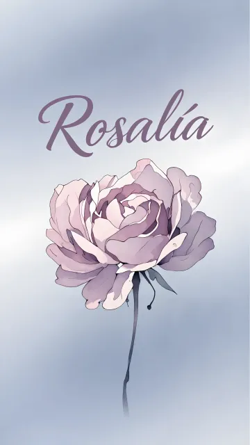 Rosalia diseño 5 - Nombre en elegante tipografía cursiva caligráfica en tono lavanda, sobre fondo acuarela de cielo nublado en tonos pastel (azul, blanco, lavanda), decorado con rosa en acuarela de pétalos rosa pálido, blanco crema y lilas suaves con hojas en gris-verde.