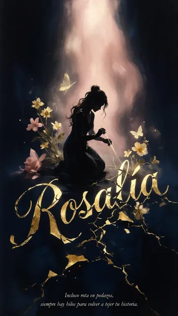 Rosalia diseño 6 - Composición de ilustración semirrealista cinematográfica con silueta femenina tejiendo un hilo dorado de luz sobre un suelo oscuro fracturado al estilo Kintsugi, donde el nombre resalta en un prominente guión caligráfico dorado que emerge de las grietas, rodeado de flores blancas, mariposas y un fondo degradado de azules profundos iluminado por una luz celestial en tonos melocotón y crema, con una frase de aliento en tipografía blanca en la parte inferior.