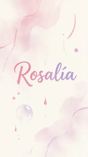 Rosalia diseño 7 - Diseño abstracto en acuarela sobre fondo crema, con manchas fluidas y etéreas en rosa pastel y lila, líneas curvas que aportan movimiento, pequeñas gotas salpicadas cayendo verticalmente y una burbuja translúcida en la parte superior izquierda. El nombre resalta al centro con una tipografía cursiva amplia y elegante en degradado rosa a morado.